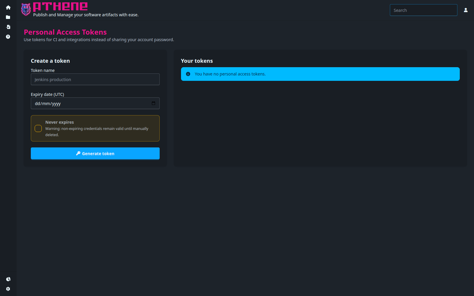 Personal access tokens page