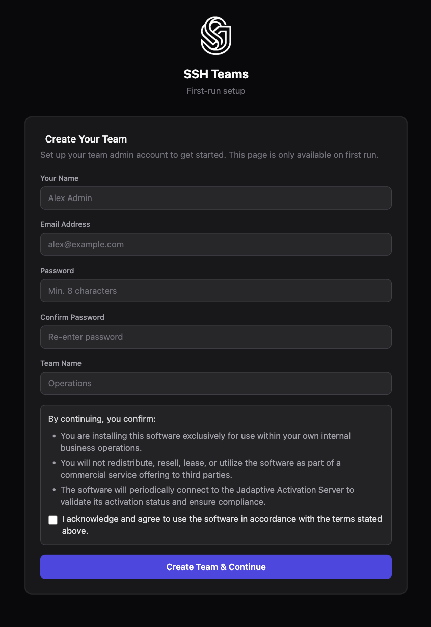SSH Teams first-time setup full page