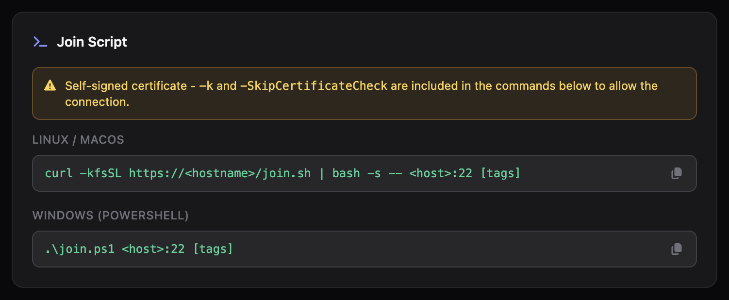 SSH Teams dashboard join script panel