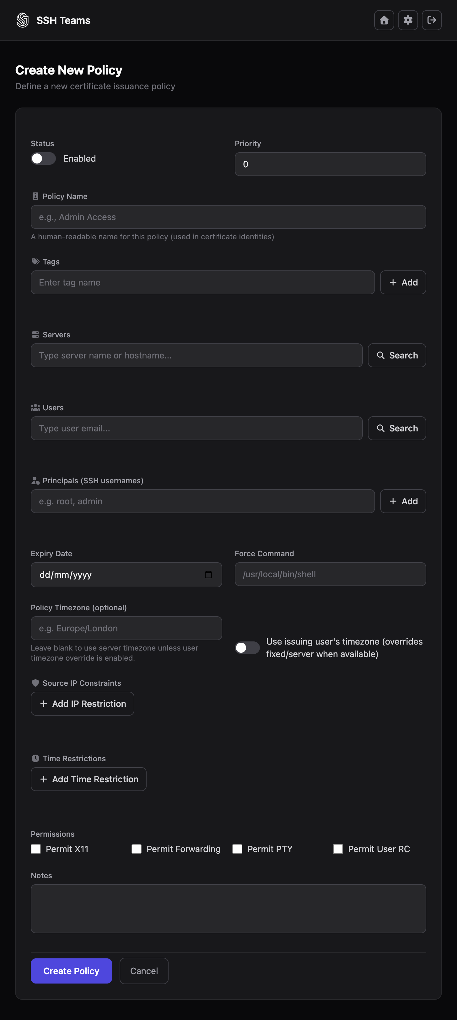 SSH Teams create policy form