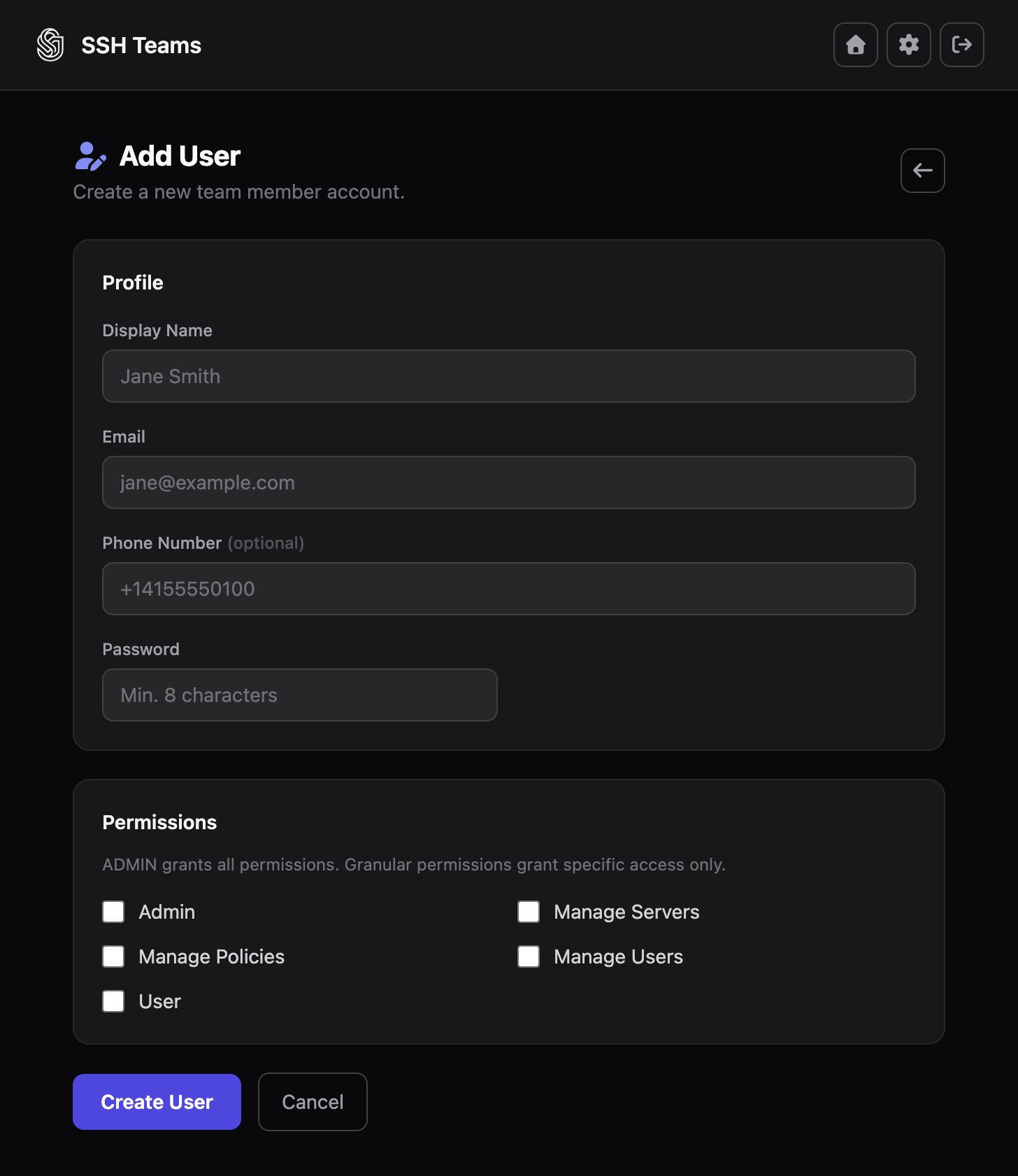SSH Teams add user form