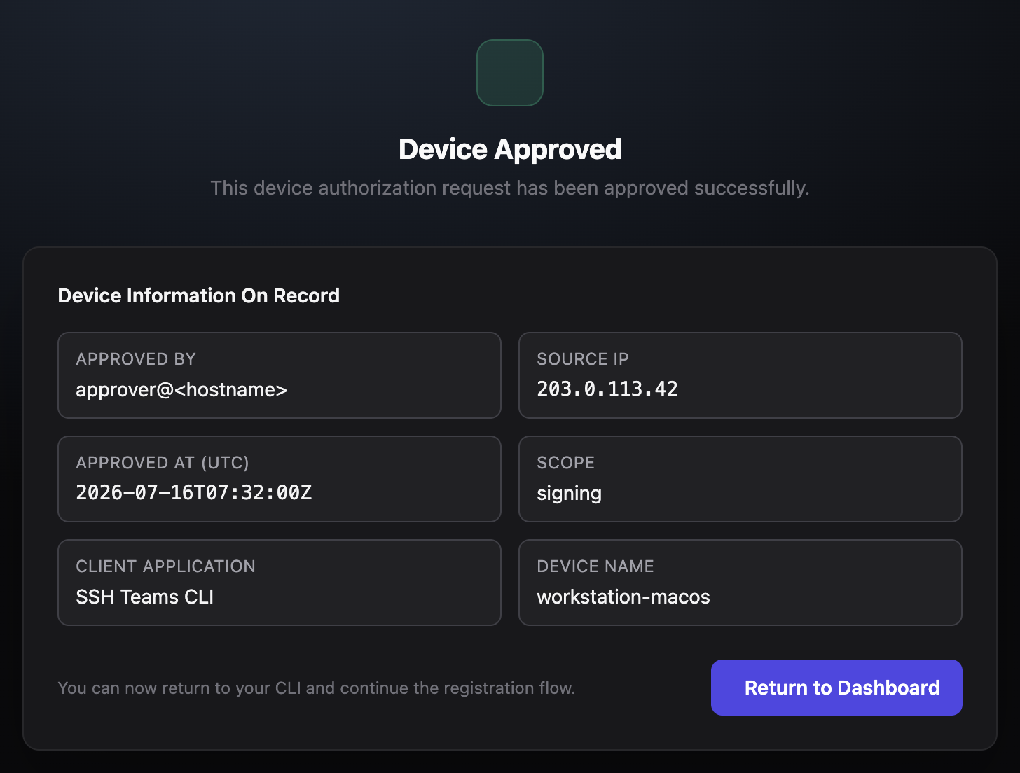 Device approval success page