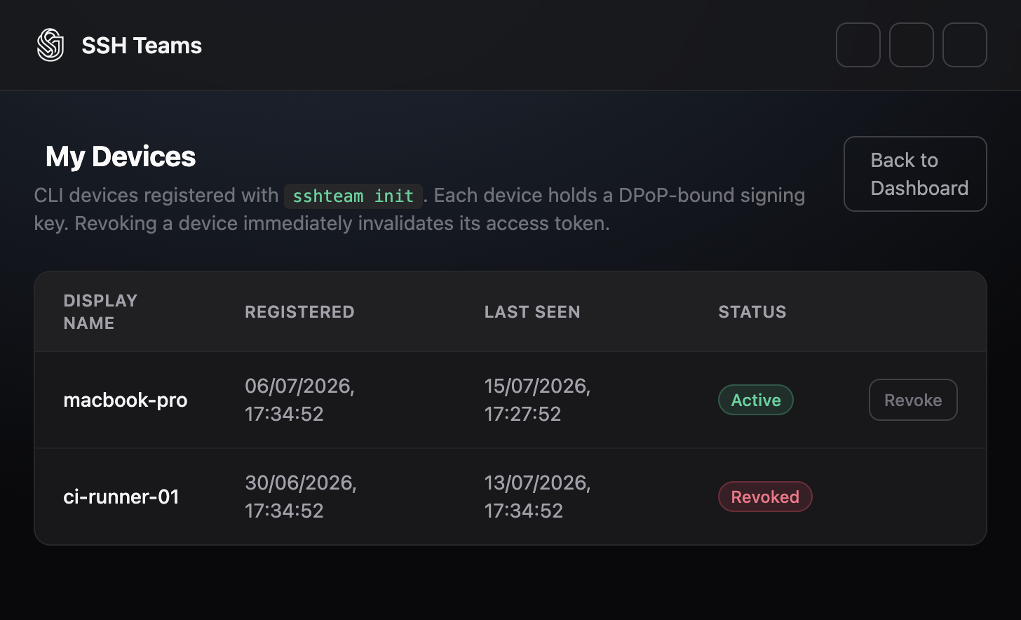 My devices list with revoked device