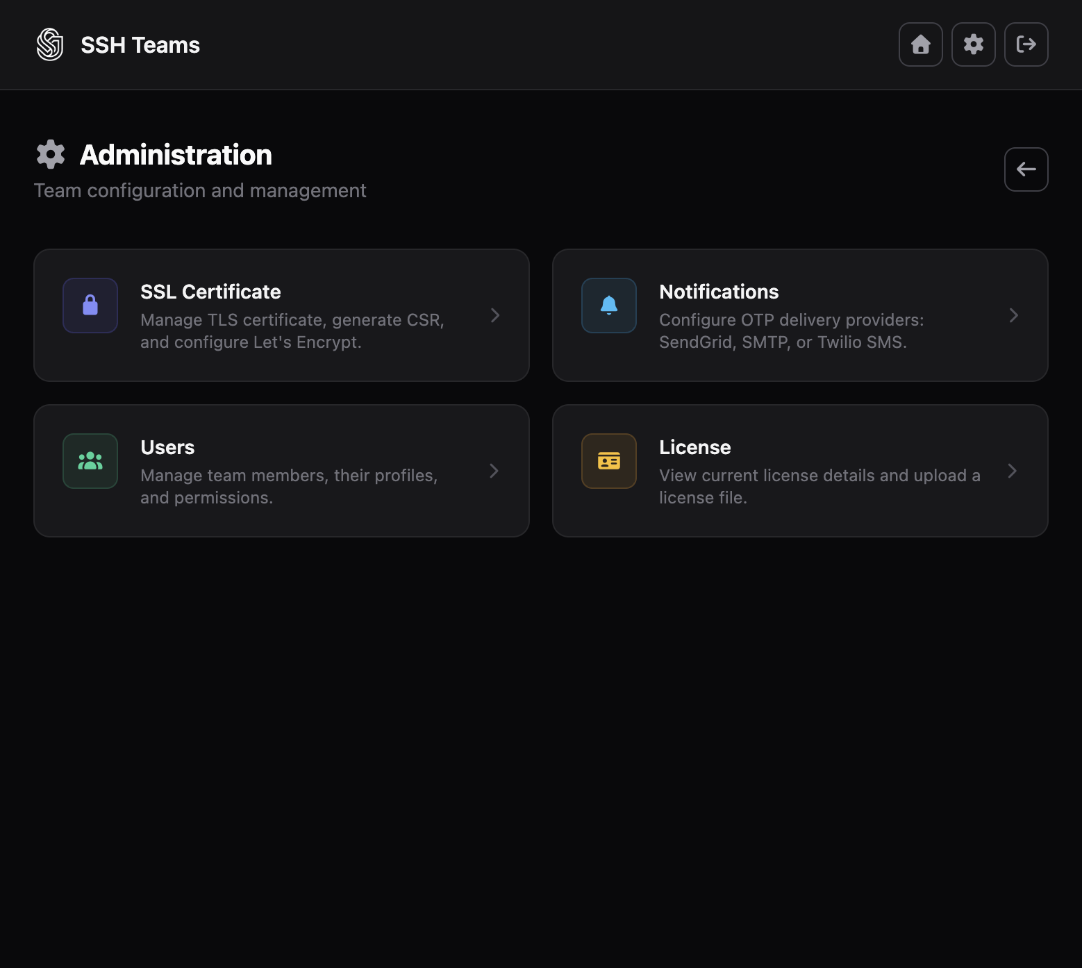 SSH Teams administration landing page