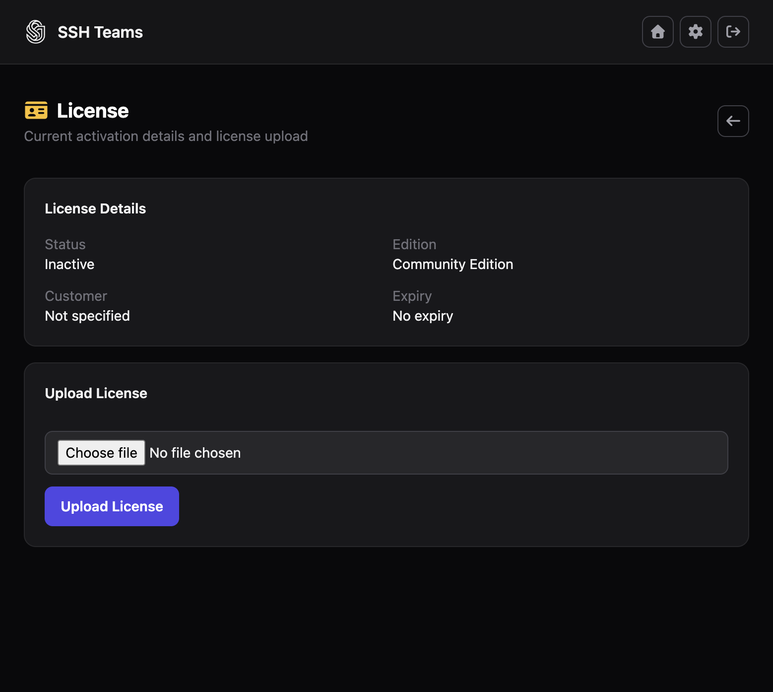 SSH Teams license administration page
