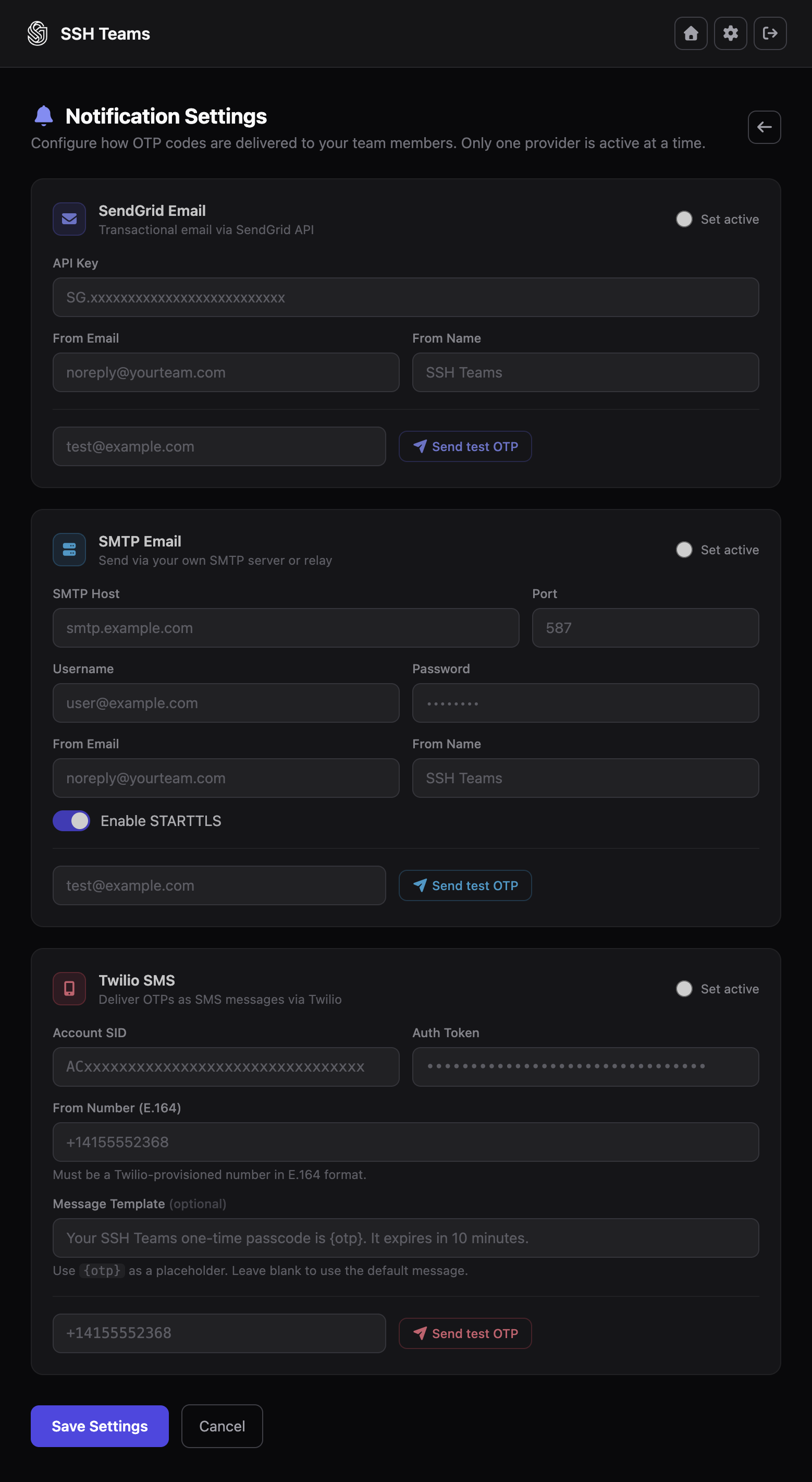SSH Teams notification settings page