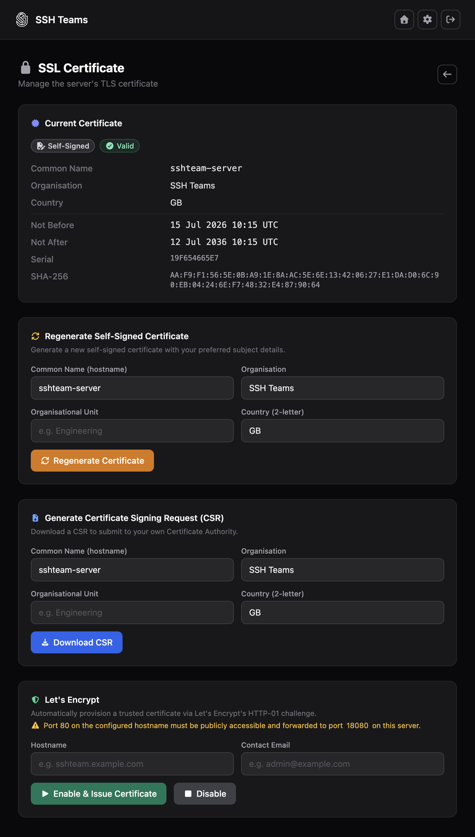 SSH Teams SSL certificate administration page